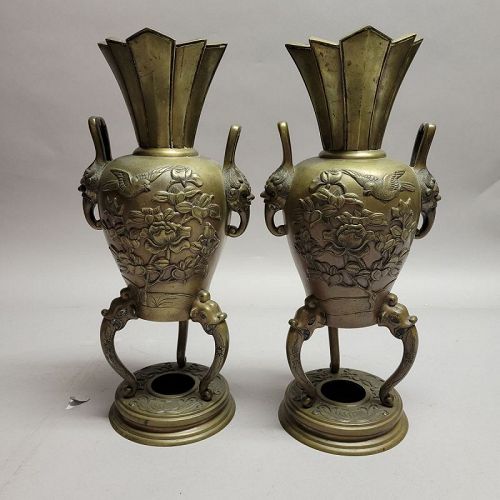 Pair of Japanese Bronze Bird and Flowers Vases Meiji