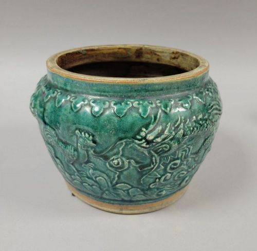 Green Chinese Shiwan Jardiniere Rooster, Dragon Deer Jar Cache Pot