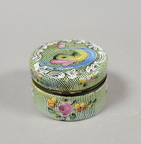 18th C Round Bilston Enamel Snuff Box with Dolphin Fish