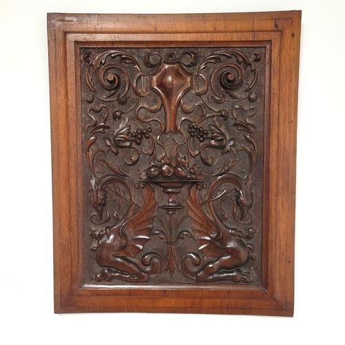 19th C French or Flemish Carved Walnut Panel with Griffins