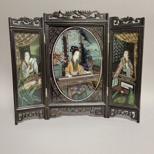Chinese Reverse-Painted 3 panel Table Screen, ca. 1960s