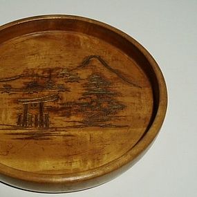 Japanese Carved Round Fruitwood Tray, Taisho