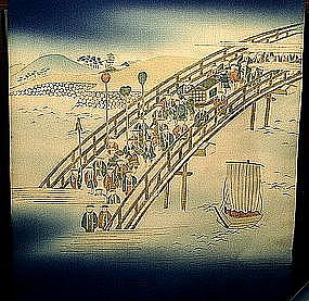 Blue Silk Nagoya Obi with Art Deco Parade Scene