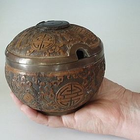 Rare Coconut and Metal Opium Box with Precious Objects